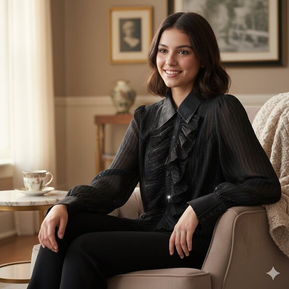 NWT $99 Lucky Brand Women XS 95% Silk 5% Metallic Ruffle Blouse Black Romantic - Picture 1 of 9